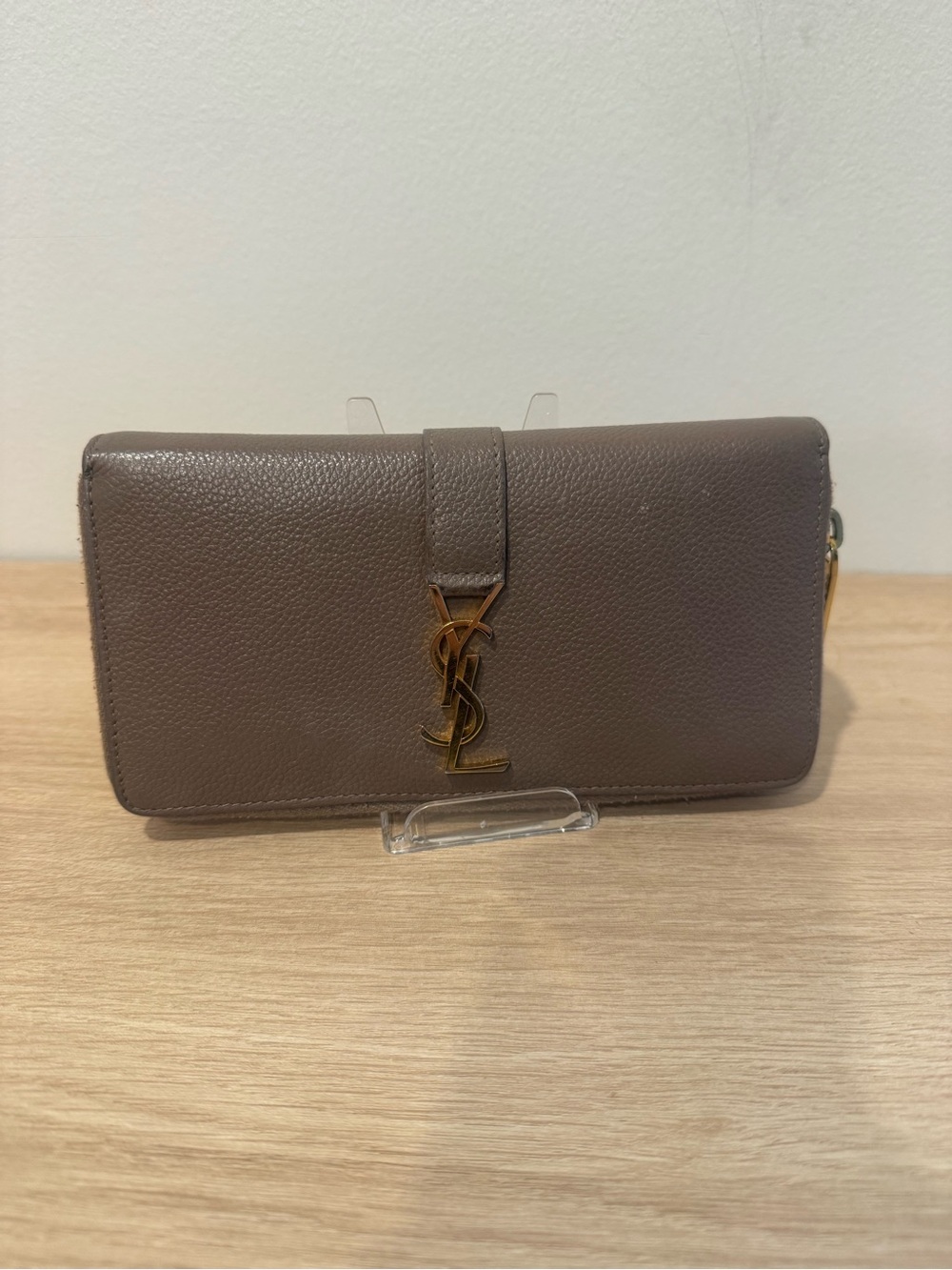 Saint Laurent Taupe Pebbled Leather Continental Wallet with Gold YSL